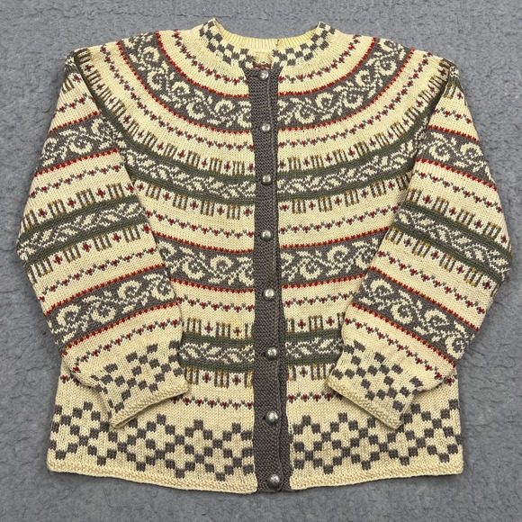 Handmade Sweaters - VTG Nordic Cardigan Womens Large* Norwegian Sweater Beige Fair Isle Wool Button